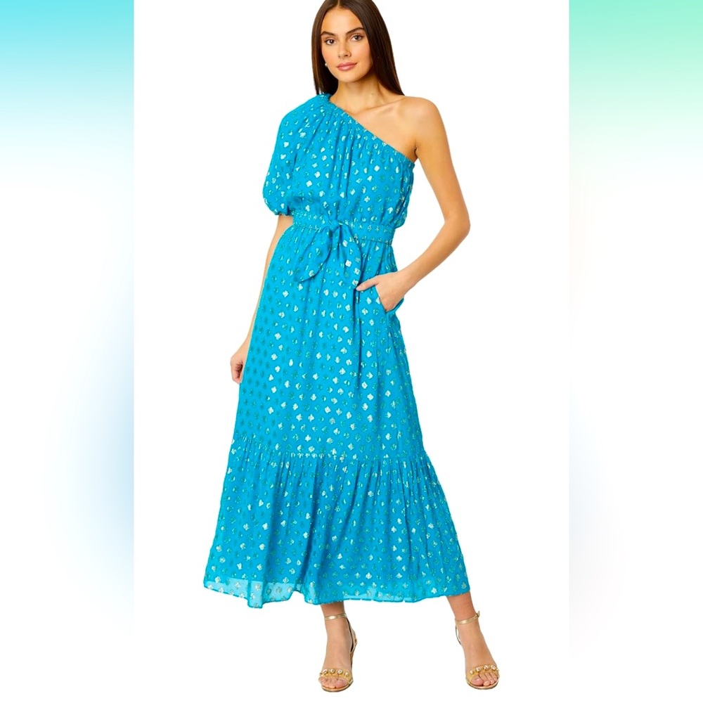 💙🌴🩷 Lilly Pulitzer Dress One Shoulder Maxi Zelalynn Size 6 Blue & Metallic